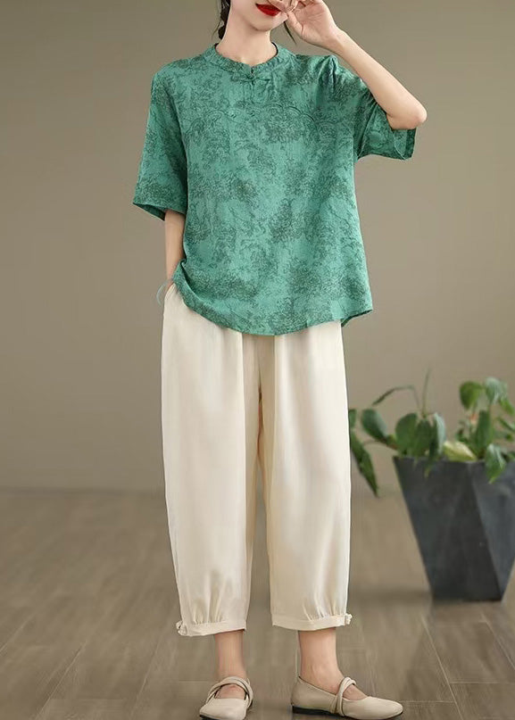 New Retro Green Print Cotton Oriental Tops Summer