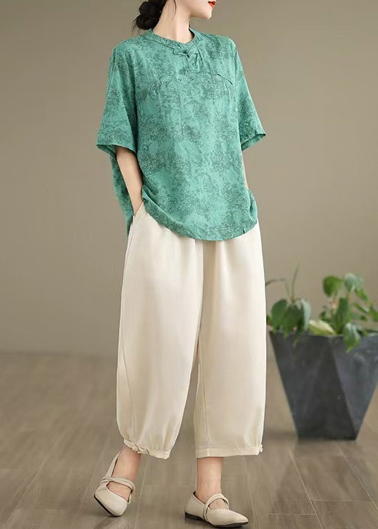 New Retro Green Print Cotton Oriental Tops Summer