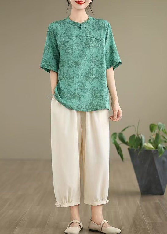 New Retro Green Print Cotton Oriental Tops Summer