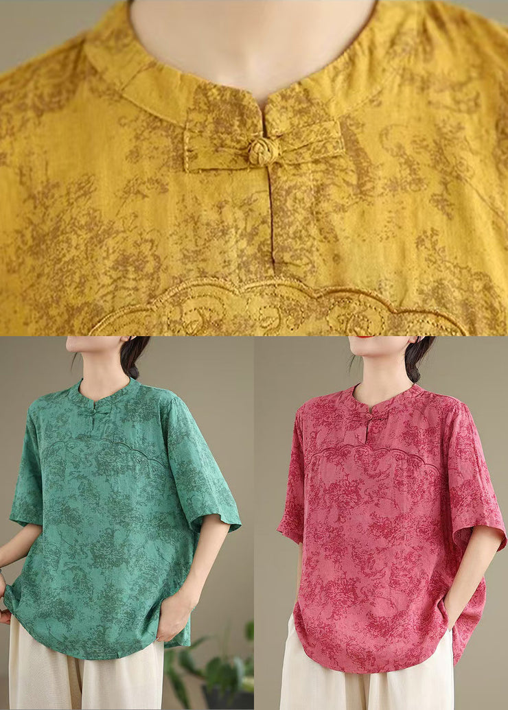 New Retro Green Print Cotton Oriental Tops Summer