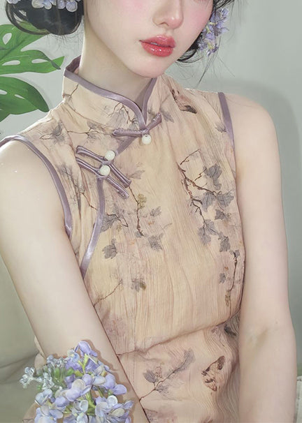 New Retro Khaki Print Cotton Cheongsam Dresses Sleeveless