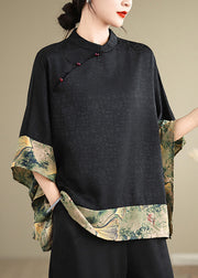 New Retro Khaki Print Patchwork Silk Shirt Tops Half Sleeve
