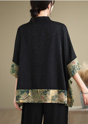 New Retro Khaki Print Patchwork Silk Shirt Tops Half Sleeve
