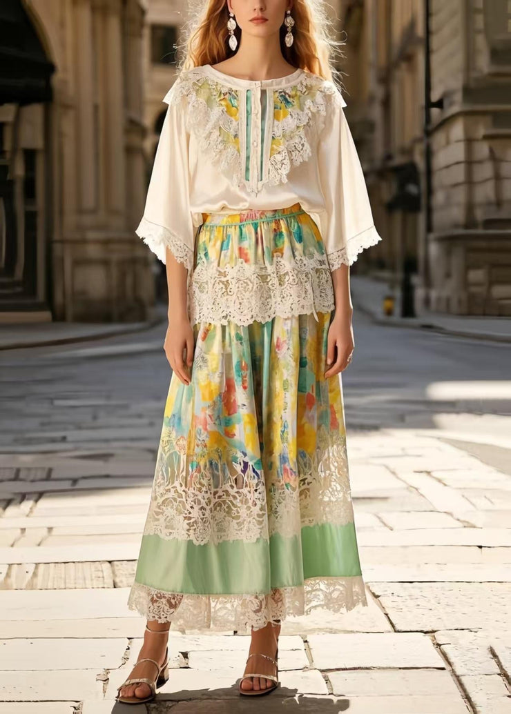 New Retro Light Green Tie Dye Patchwork Lace Ice Silk Skirts Summer