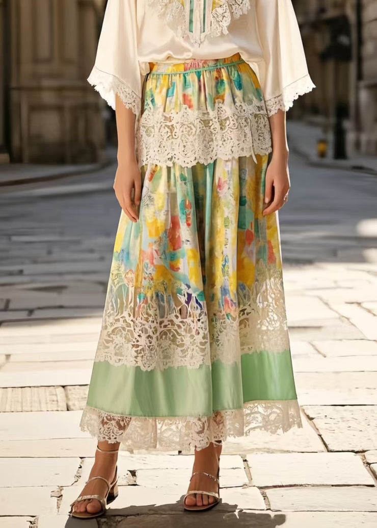 New Retro Light Green Tie Dye Patchwork Lace Ice Silk Skirts Summer