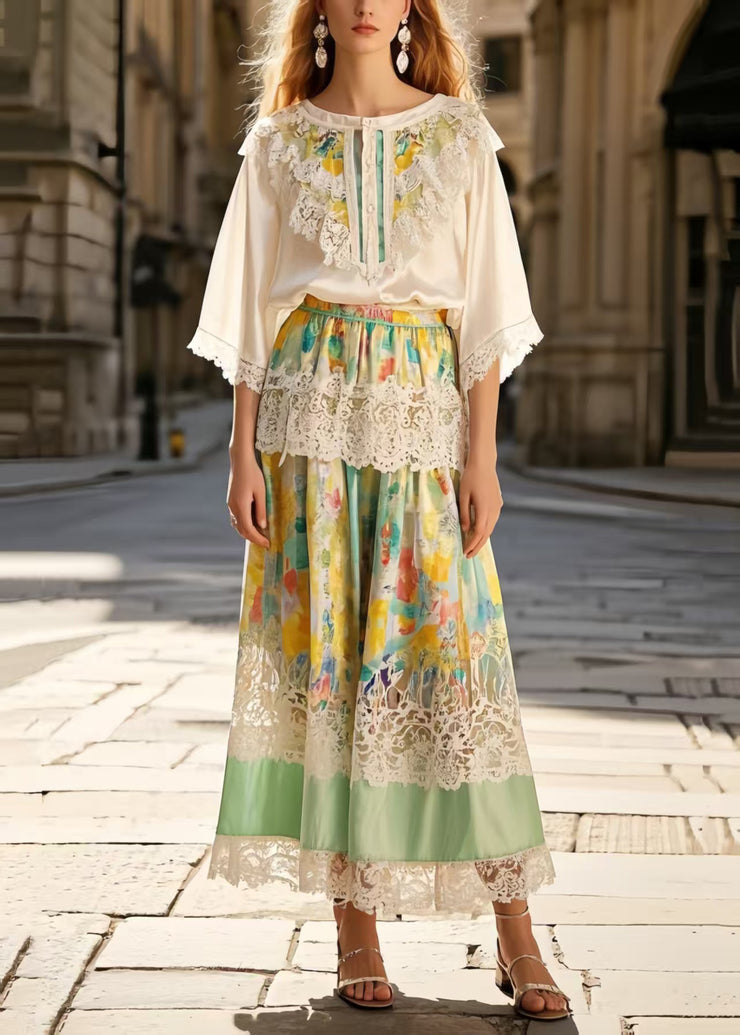 New Retro Light Green Tie Dye Patchwork Lace Ice Silk Skirts Summer