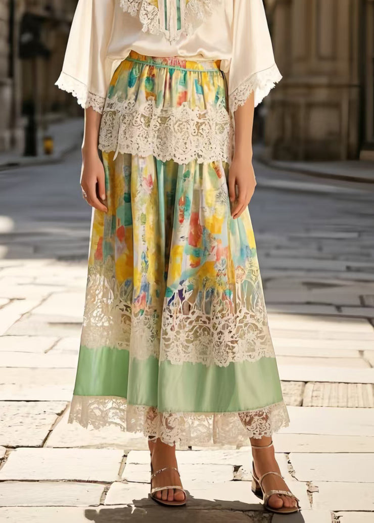 New Retro Light Green Tie Dye Patchwork Lace Ice Silk Skirts Summer