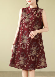 New Retro Mulberry Mandarin Collar Print Cotton A Line Dress Sleeveless