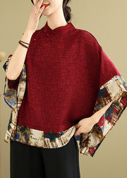 New Retro Mulberry Print Patchwork Silk Tops Batwing Sleeve