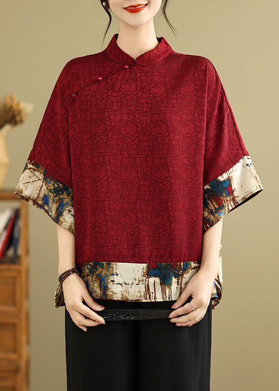New Retro Mulberry Print Patchwork Silk Tops Batwing Sleeve