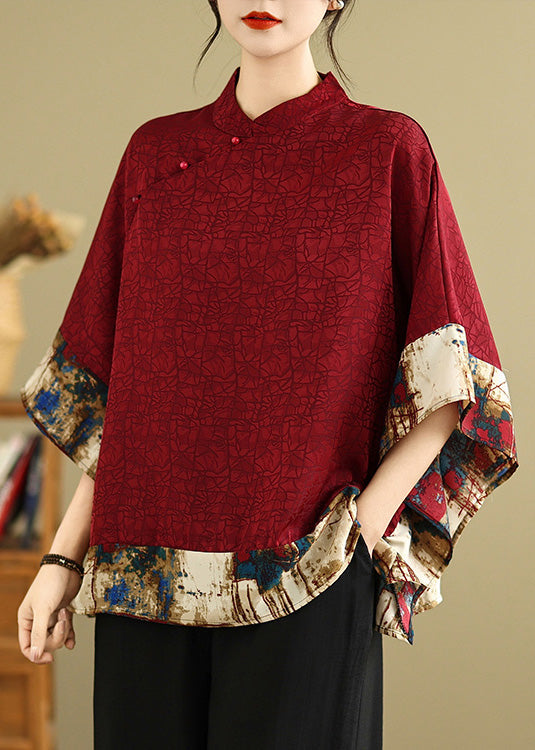 New Retro Mulberry Print Patchwork Silk Tops Batwing Sleeve