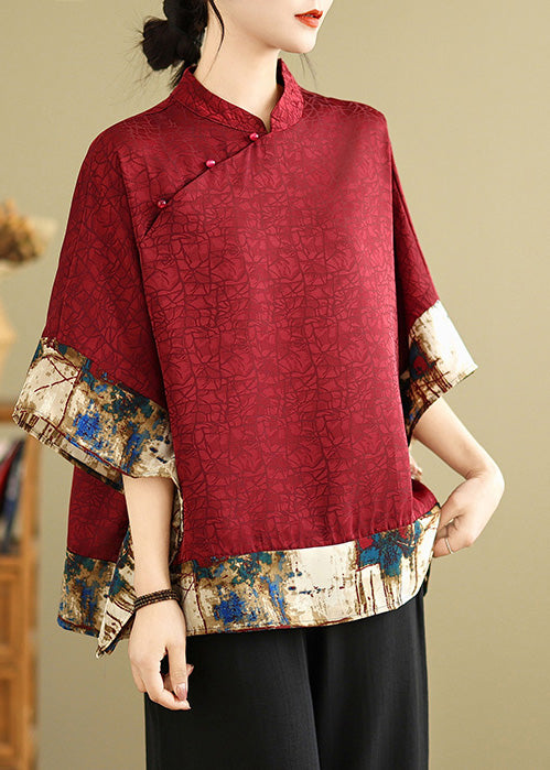 New Retro Mulberry Print Patchwork Silk Tops Batwing Sleeve