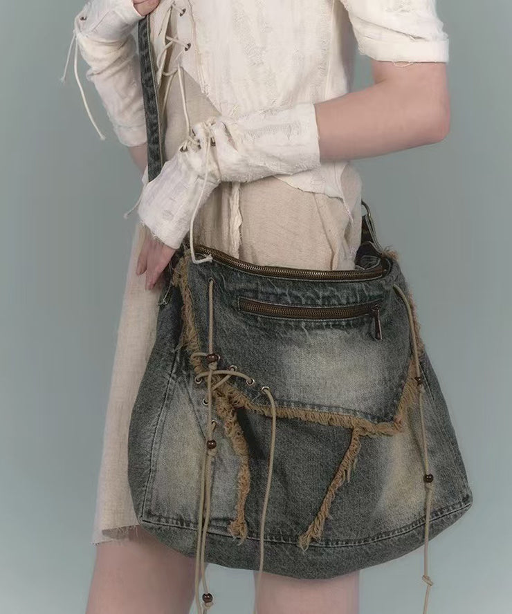 New Retro Navy Fringe Trim Large Capacity Denim Messenger Bag