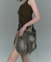 New Retro Navy Fringe Trim Large Capacity Denim Messenger Bag
