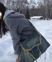 New Retro Navy Fringe Trim Large Capacity Denim Messenger Bag