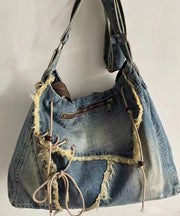 New Retro Navy Fringe Trim Large Capacity Denim Messenger Bag