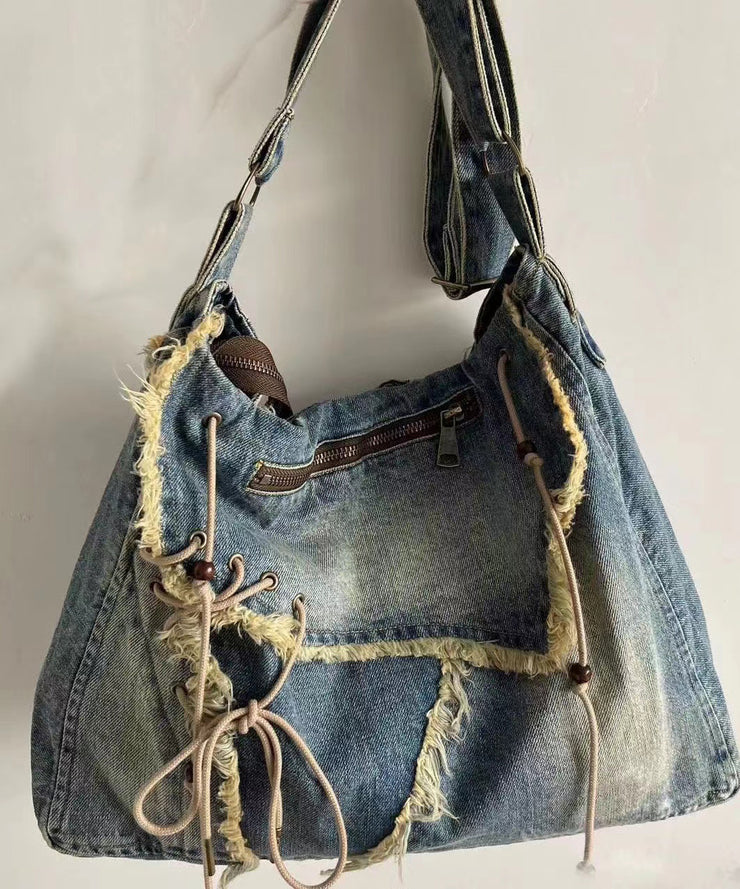 New Retro Navy Fringe Trim Large Capacity Denim Messenger Bag