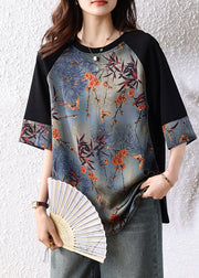 New Retro Navy Patchwork Print Cotton Tops Half Sleeve