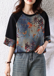New Retro Navy Patchwork Print Cotton Tops Half Sleeve