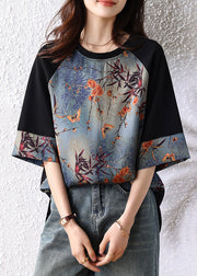 New Retro Navy Patchwork Print Cotton Tops Half Sleeve
