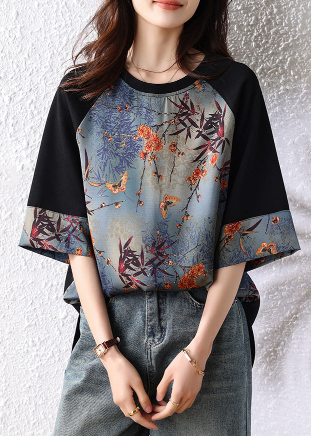 New Retro Navy Patchwork Print Cotton Tops Half Sleeve