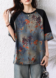 New Retro Navy Patchwork Print Cotton Tops Half Sleeve