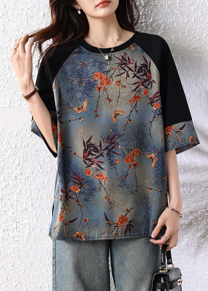 New Retro Navy Patchwork Print Cotton Tops Half Sleeve