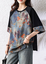 New Retro Navy Patchwork Print Cotton Tops Half Sleeve