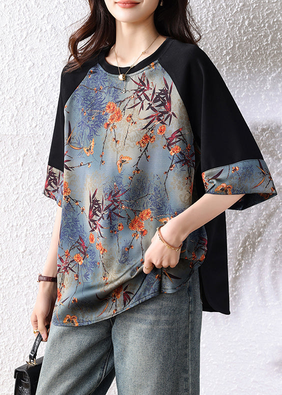 New Retro Navy Patchwork Print Cotton Tops Half Sleeve