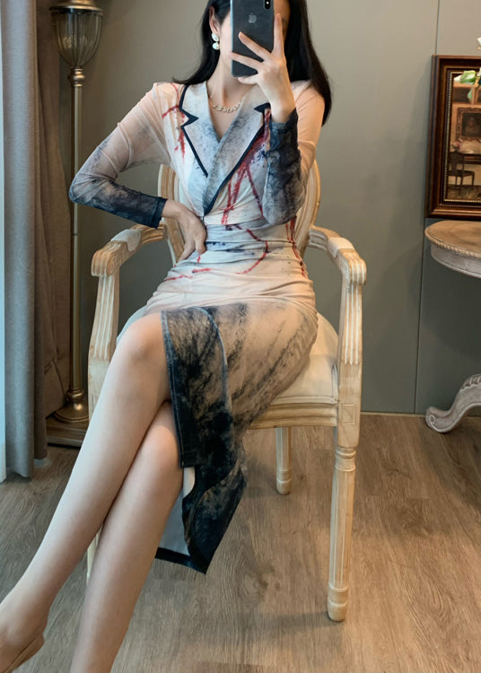 New Retro Notched Tie Dye Side Open Dress Summer
