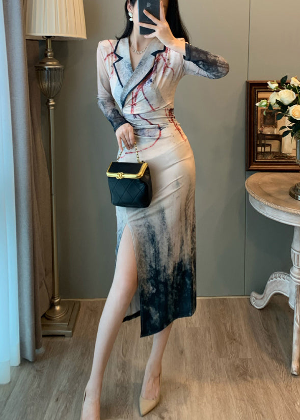 New Retro Notched Tie Dye Side Open Dress Summer