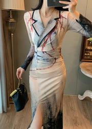 New Retro Notched Tie Dye Side Open Dress Summer