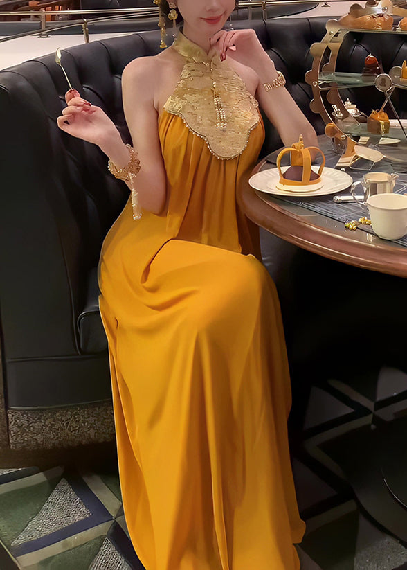New Retro Orange Patchwork Chiffon Halter Dresses Summer