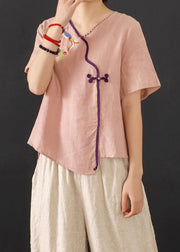 New Retro Pink Embroidered Chinese Button 2 Piece Outfit Summer
