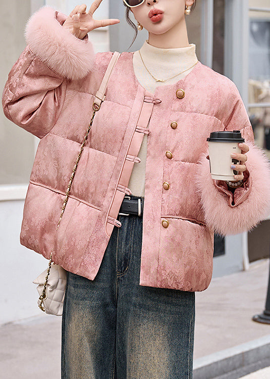 New Retro Pink O Neck Fur Patchwork Duck Down Winter Short Coats