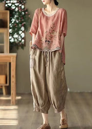 New Retro Pink Oversized Print Linen Two Piece Set Summer