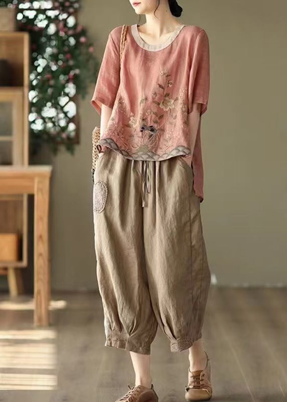 New Retro Pink Oversized Print Linen Two Piece Set Summer