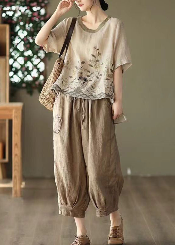 New Retro Pink Oversized Print Linen Two Piece Set Summer