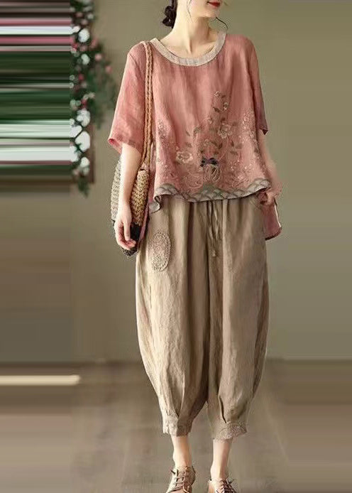 New Retro Pink Oversized Print Linen Two Piece Set Summer
