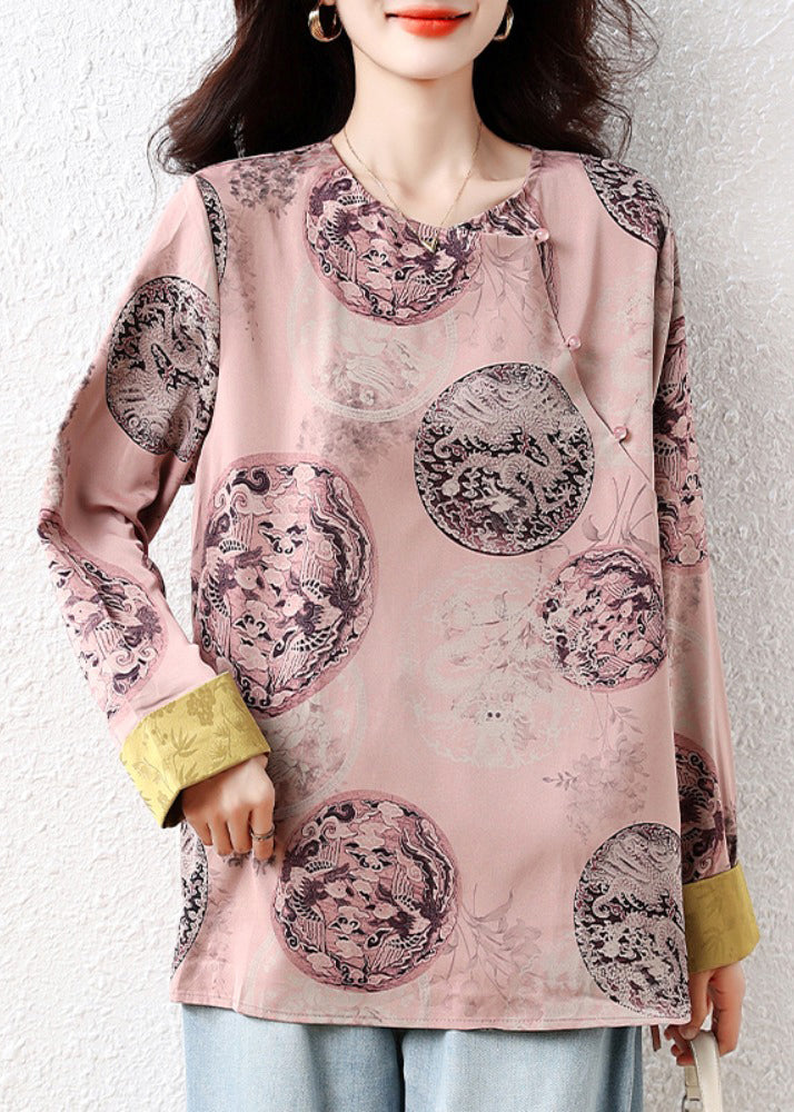 New Retro Pink Oversized Print Silk Blouse Tops Fall