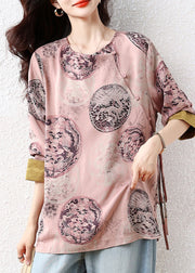 New Retro Pink Oversized Print Silk Blouse Tops Fall