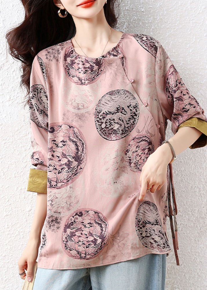 New Retro Pink Oversized Print Silk Blouse Tops Fall