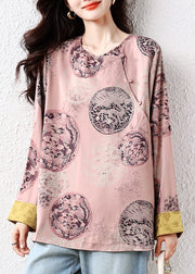 New Retro Pink Oversized Print Silk Blouse Tops Fall