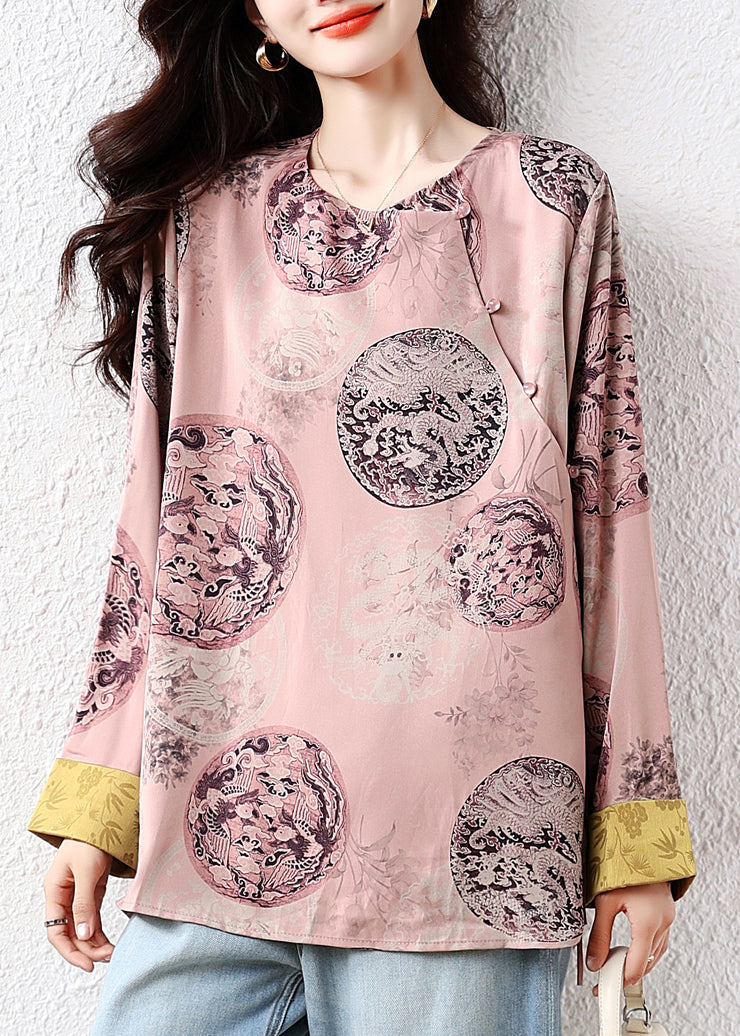 New Retro Pink Oversized Print Silk Blouse Tops Fall