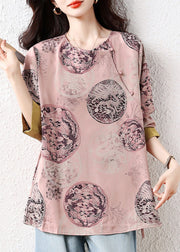 New Retro Pink Oversized Print Silk Blouse Tops Fall