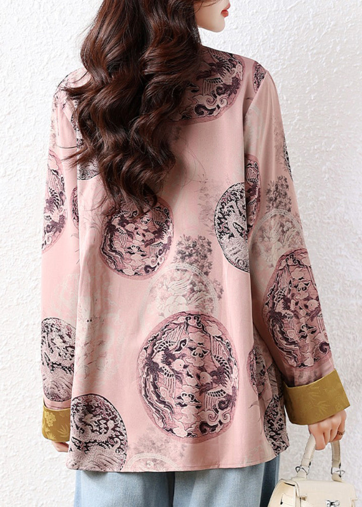 New Retro Pink Oversized Print Silk Blouse Tops Fall