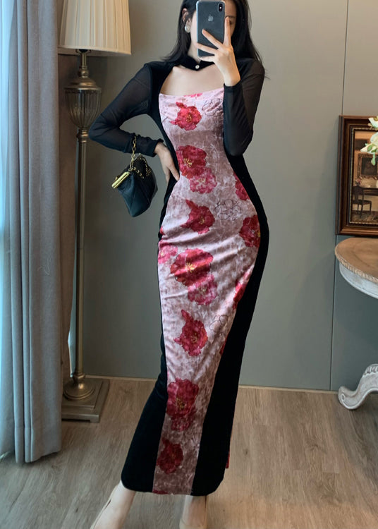 New Retro Pink Print Patchwork Silk Velvet Vacation Dresses Fall