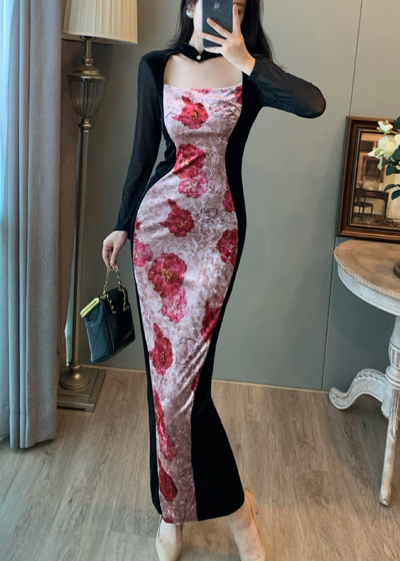 New Retro Pink Print Patchwork Silk Velvet Vacation Dresses Fall