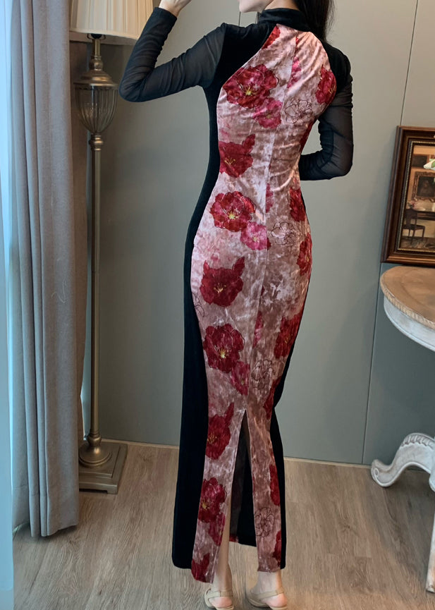 New Retro Pink Print Patchwork Silk Velvet Vacation Dresses Fall