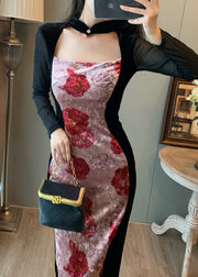 New Retro Pink Print Patchwork Silk Velvet Vacation Dresses Fall